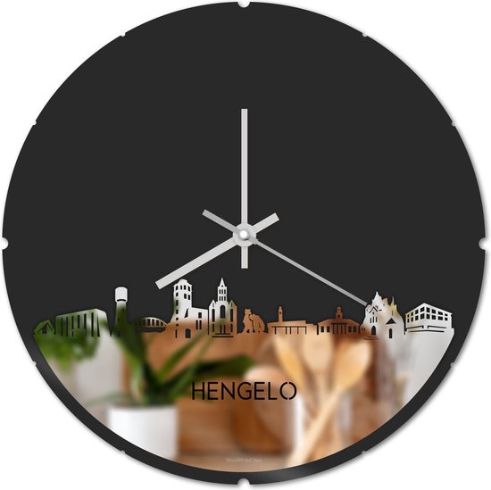 Skyline Klok Rond Hengelo Spiegel - Ø 44 cm - Stil uurwerk - Wanddecoratie - Meer steden beschikbaar - Woonkamer idee - Woondecoratie - City Art - Steden kunst - Cadeau voor hem - Cadeau voor haar - Jubileum - Trouwerij - Housewarming -