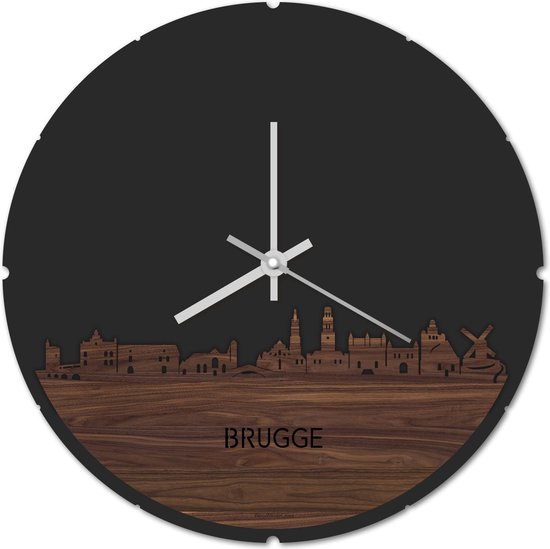 Skyline Klok Rond Brugge Notenhout - Ø 44 cm - Stil uurwerk - Wanddecoratie - Meer steden beschikbaar - Woonkamer idee - Woondecoratie - City Art - Steden kunst - Cadeau voor hem - Cadeau voor haar - Jubileum - Trouwerij - Housewarming -