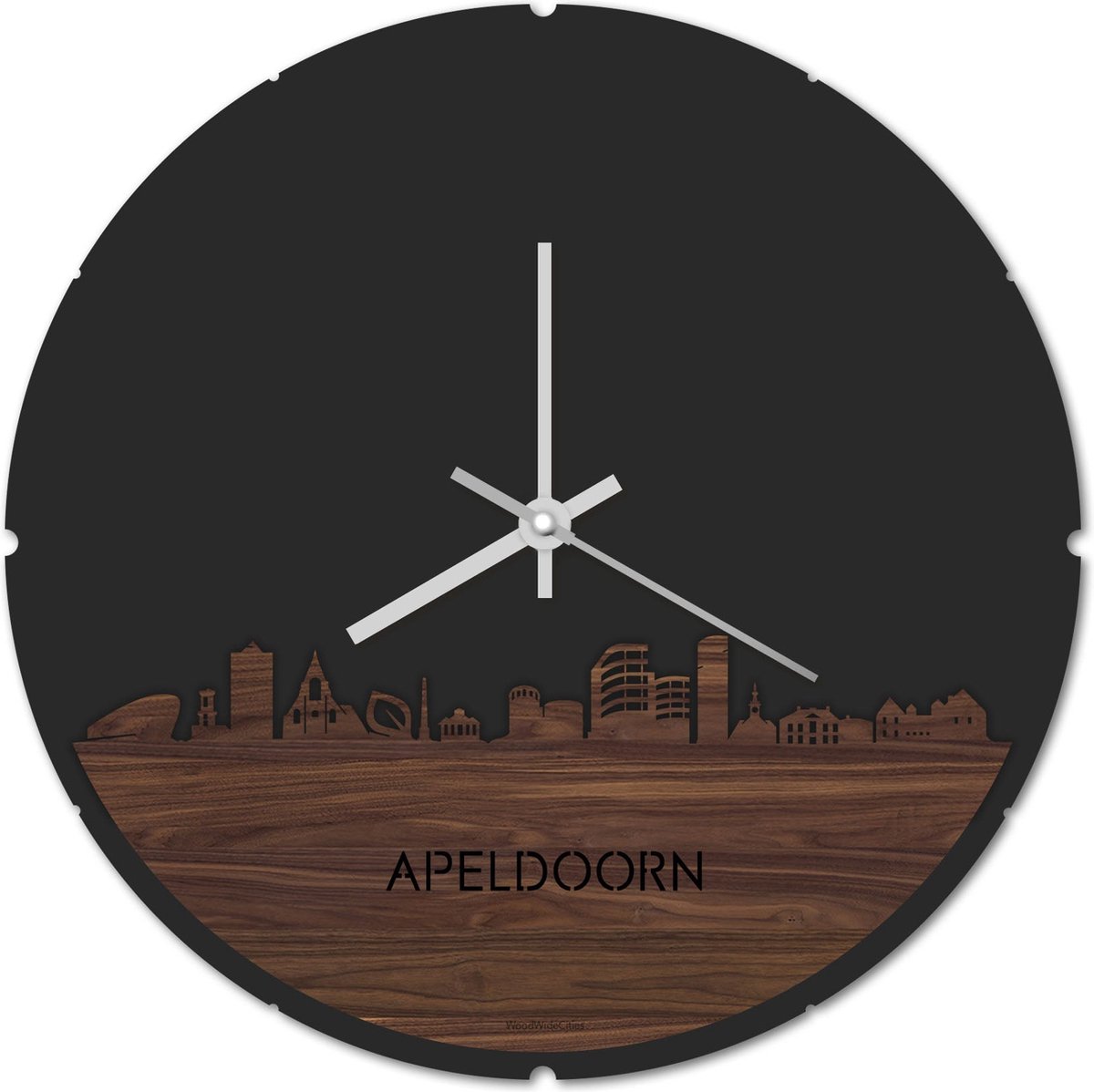 Skyline Klok Rond Apeldoorn Notenhout - Ø 44 cm - Stil uurwerk - Wanddecoratie - Meer steden beschikbaar - Woonkamer idee - Woondecoratie - City Art - Steden kunst - Cadeau voor hem - Cadeau voor haar - Jubileum - Trouwerij - Housewarming -