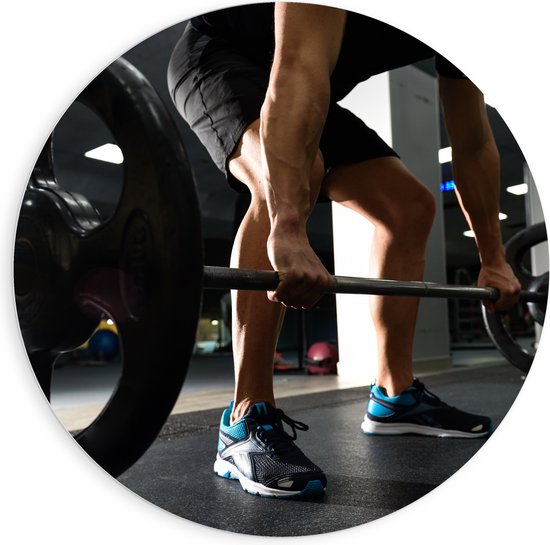 PVC Schuimplaat Muurcirkel - Mens - Spieren - Schoenen - Oefening - Sporten - Fitness - Sportschool - Gewichten - 90x90 cm Foto op Muurcirkel (met ophangsysteem)