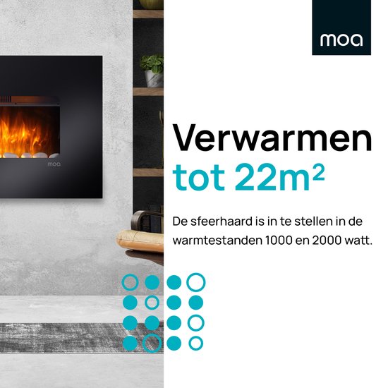 Zwarte elektrische haard met vlam- en gloedeffect, verwarmt tot 22m². 1000 of 2000 watt.