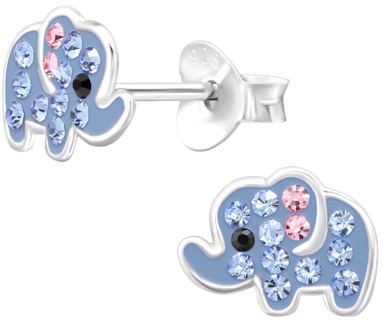 Joy|S - Zilveren olifant oorbellen - blauw met blauw roze kristalletjes - 8.5 x 6.3 mm - kinderoorbellen