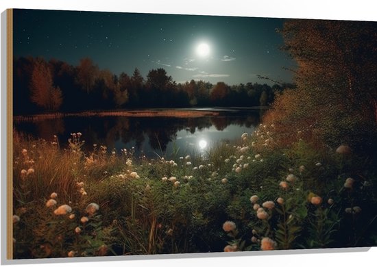 Hout - Landschap - Maan - Bloemen - Bomen - Planten - Water - 120x80 cm - 9 mm dik - Foto op Hout (Met Ophangsysteem)