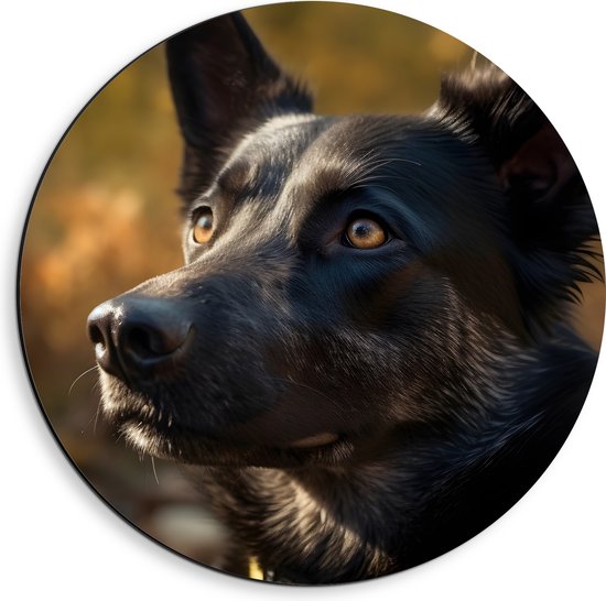 Dibond Muurcirkel - Dier - Hond - Kijken - Zwart - 40x40 cm Foto op Aluminium Muurcirkel (met ophangsysteem)