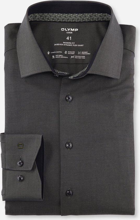 OLYMP 24/7 modern fit overhemd - herringbone - olijfgroen (contrast) - Strijkvriendelijk - Boordmaat: 42