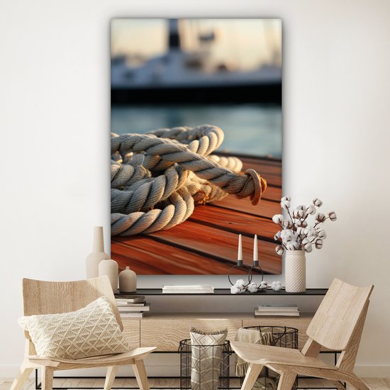 Tableau sur toile 120x180 cm - Décoration murale Corde - Bateau - Maritime - Bois - Port - Décoration murale salon - Décoration chambre - Accessoires chambre - Peintures