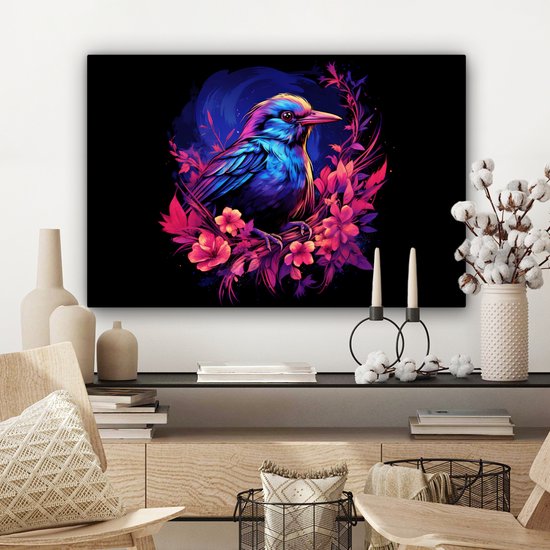 Peinture sur toile Rétro - Vogel - Fleurs - Zwart - Rose - Blauw - Animaux - 90x60 cm - Décoration murale