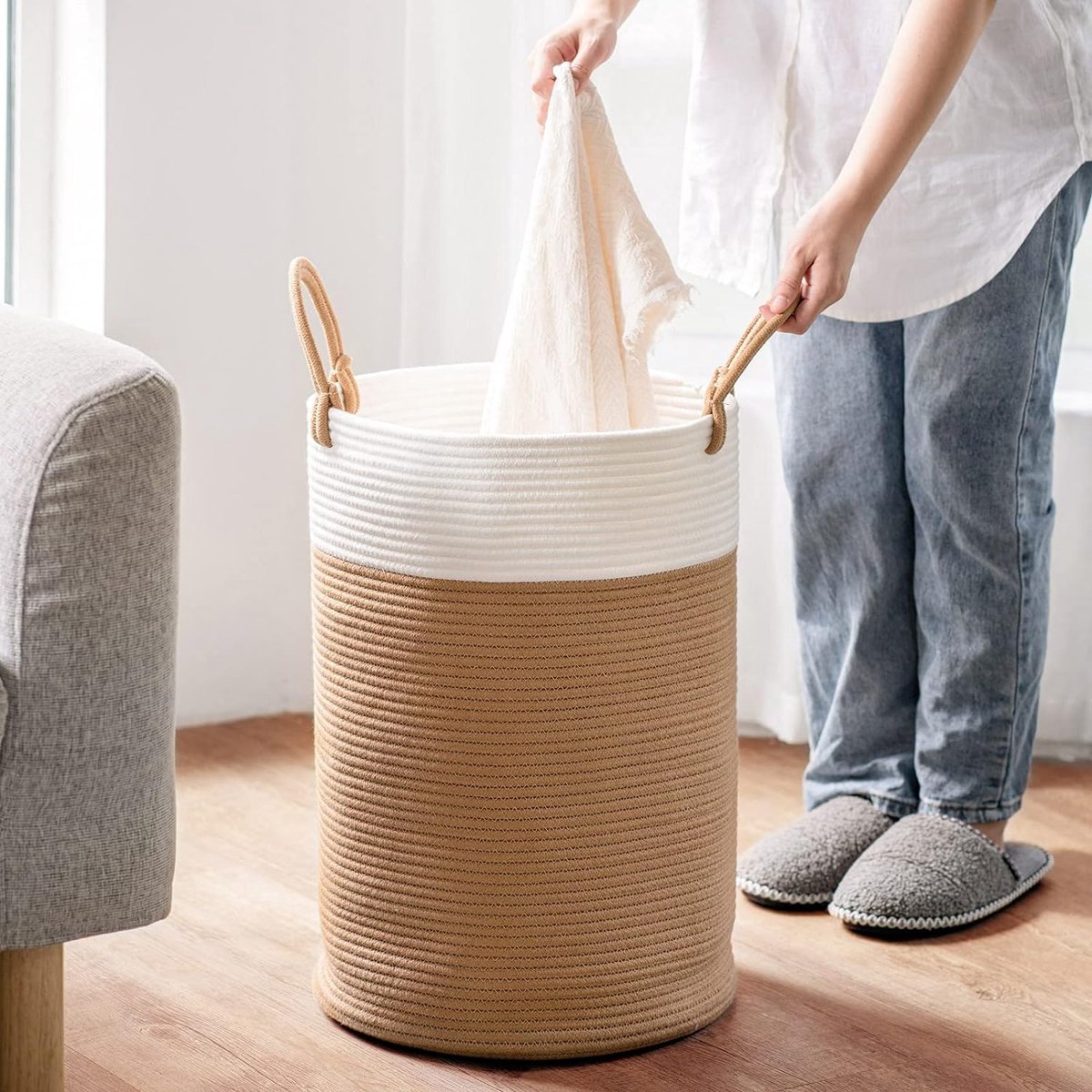 Panier de rangement avec poignées en coton tressé bleu & beige 35 x Ø 30 cm  - La Poste