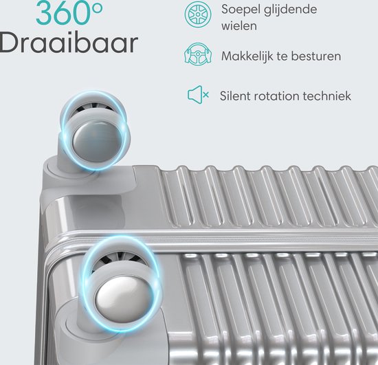 Zilverkleurige koffer met 360° draaibare, soepel glijdende en stille wielen.