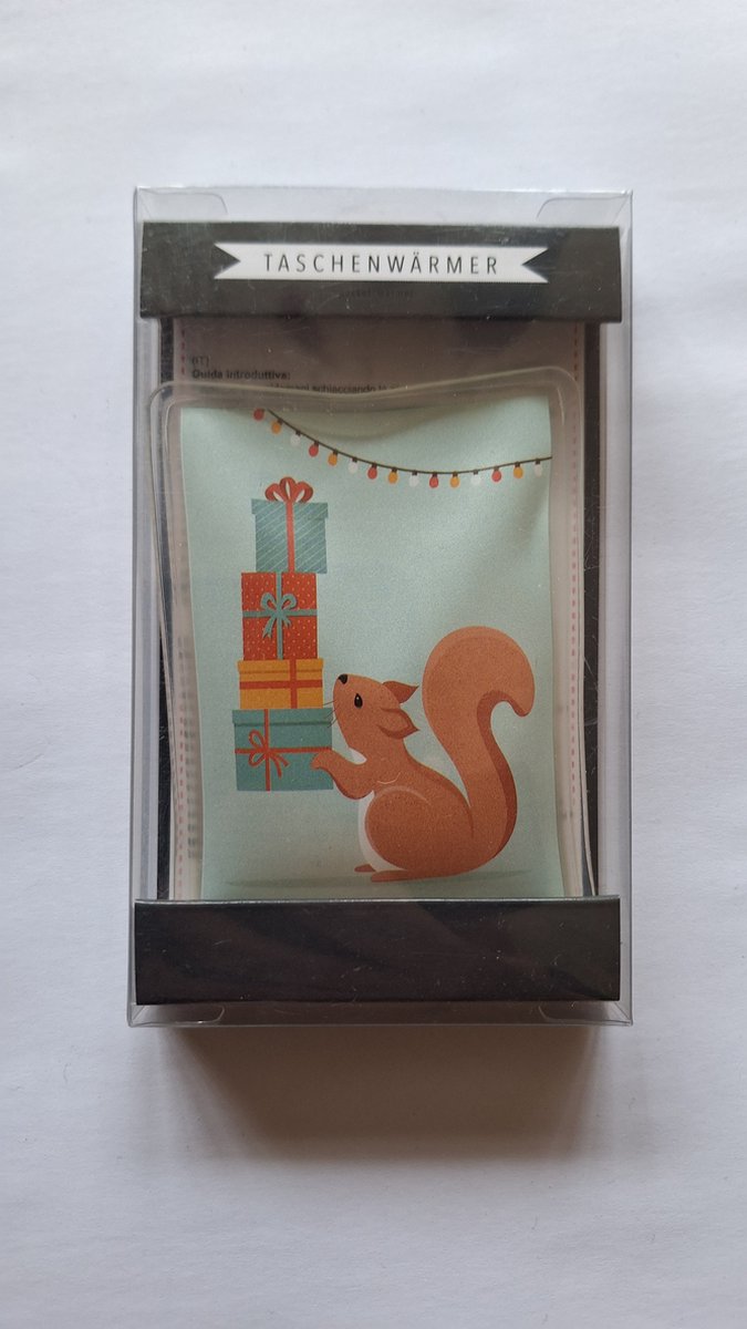 merkloze handwarmer herbruikbaar - eekhoorn met kerstboom