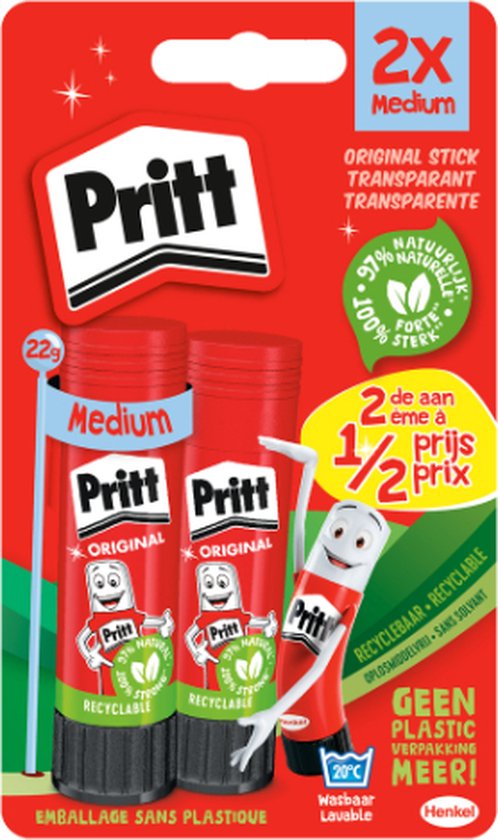 Pritt Lijm Stick Original 2x22 gram | Voordeel Blister Halve prijs Pritt | Pritt Voordelig & Makkelijk te gebruiken. - Pritt