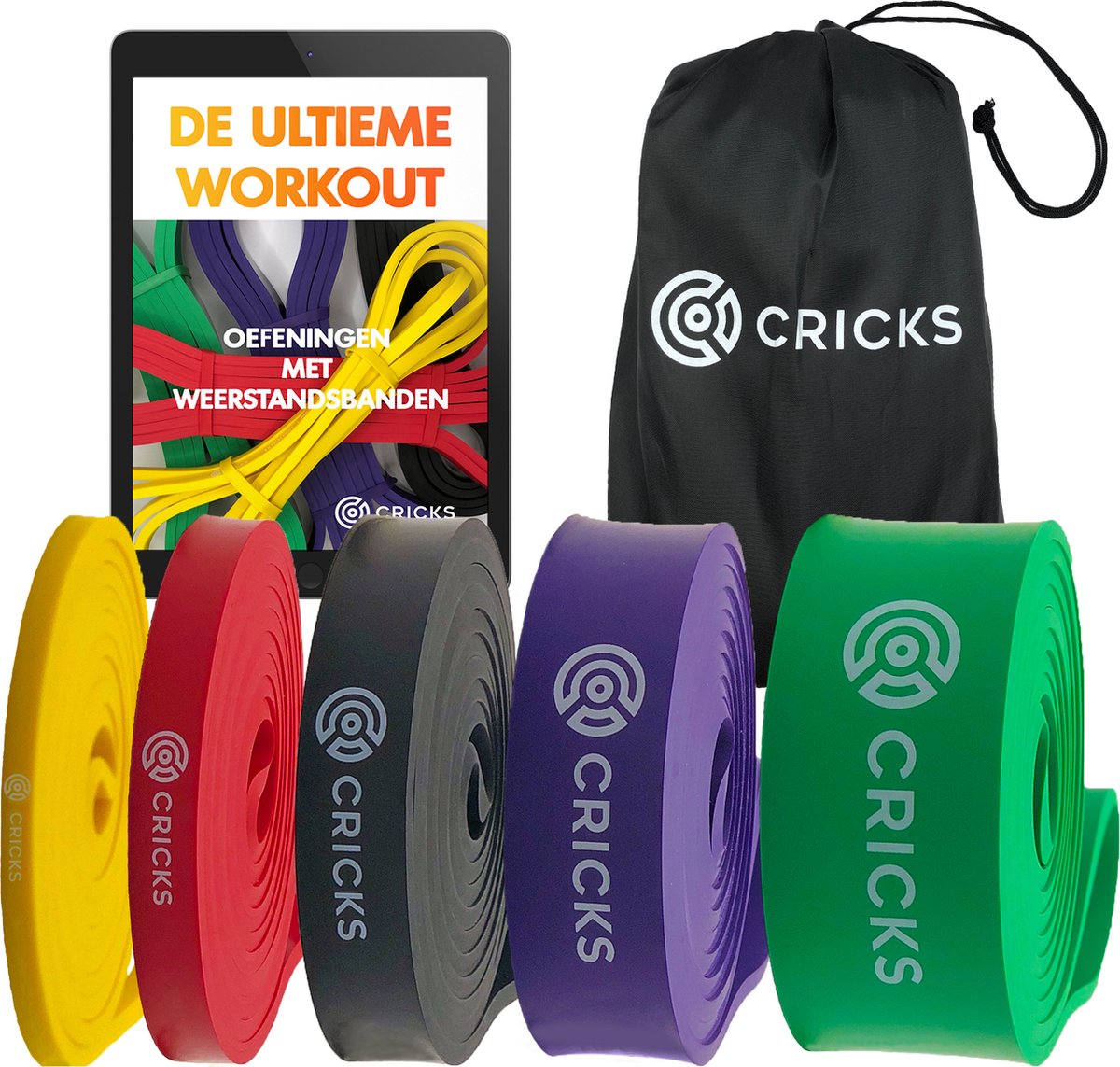 CRICKS - Weerstandsbanden - Incl. eBook met Oefeningen en Draagtas - Resistance Band - Fitness Elastieken - Krachttraining - Full Body Workout – Pull-up Bands