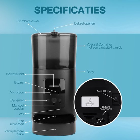 Automatische Voerbak - Zwart - 6 liter - incl. app - voor Kat en Hond