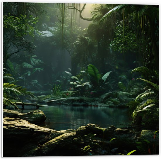 PVC Schuimplaat- Jungle - Tropisch - Bloemen - Planten - Water - Groen - 50x50 cm Foto op PVC Schuimplaat