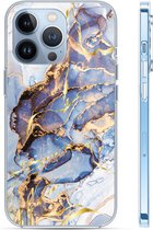 Hoozey - Hoesje geschikt voor Apple iPhone 15 Pro - Watercolor print - Donker Blauw / Goud