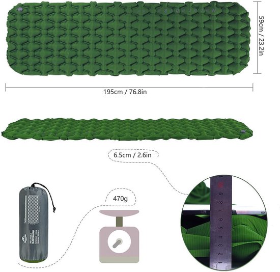 Slaapmat, lichtgewicht, enkele slaapmatten, 6,5 cm dik, opblaasbaar luchtkussen, buiten, compact en vochtbestendig voor wandelen, backpacken, kamperen (legergroen) van Forceatt — afbeelding 5