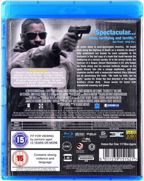 Achterkant van de Blu-ray hoes van 'The Book of Eli', Denzel Washington richt een pistool. Toont extra informatie.