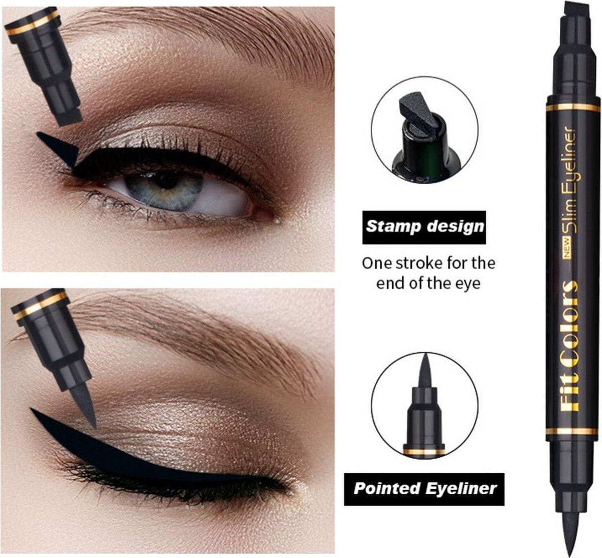 Fit Colors - Make-up - Eyeliner met stempel - Tattoo eyeliner - Eyeliner met wing stempel - Winged eye stamp - 2 in 1 eyeliner - Eyeliner - Stamp - Wing eyeliner - Eyeliner Tool - Wing stamp - Smal - Zwart