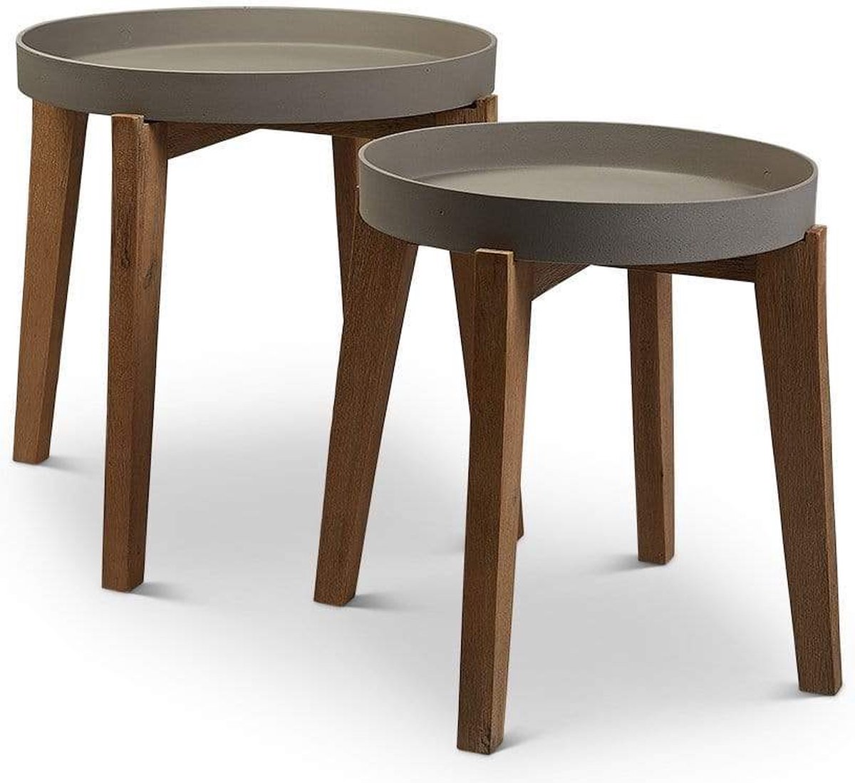 Bijzettafel set rond Anco sandstone S/L lichtgrijs met acacia houten poten - voor binnen en buiten - met zelf te boren Afwateringsgat - Bloempotten - Plantenbak - Plantenpot - Tuinbalkon - Vierkante meter tuin - Plantentafel