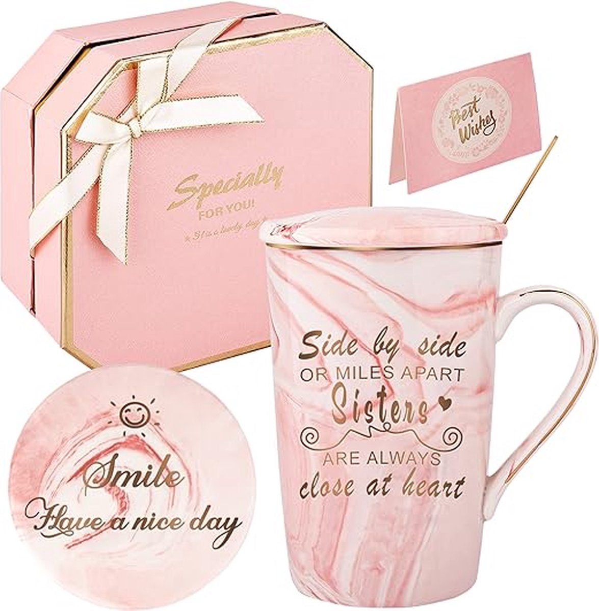 Leuke Sister-geschenkbeker, zus, verjaardag, cadeaus voor zus, koffiemok, set-side by Side of Miles Apart Sisters zijn altijd dicht bij het hart, geschenkdoos, set 420 ml, roze