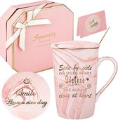 Leuke Sister-geschenkbeker, zus, verjaardag, cadeaus voor zus, koffiemok, set-side by Side of Miles Apart Sisters zijn altijd dicht bij het hart, geschenkdoos, set 420 ml, roze