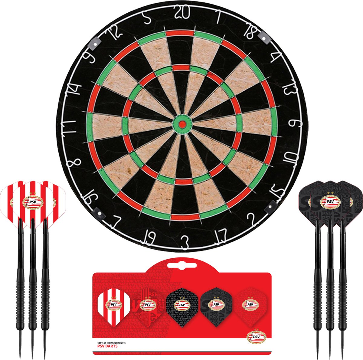 PSV Dartbord - Dartbord met 6 dartpijlen - Multipack 5 Sets Dart Flights - Dart Shafts - Darts - Cadeau