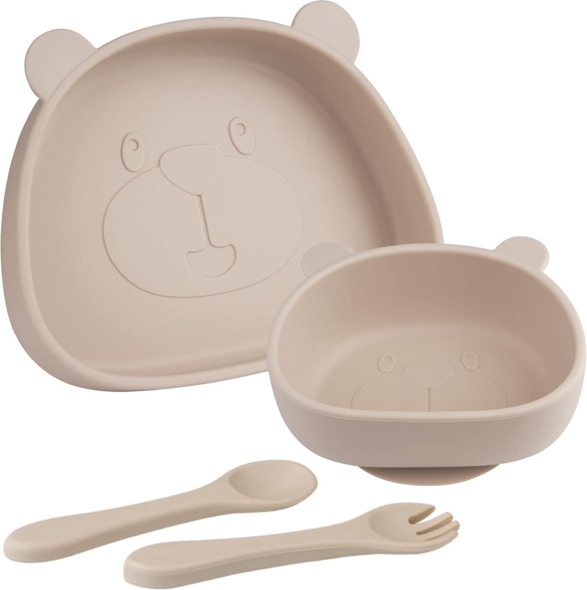 Goedkoopste Babybord, kinderbord met zuignap, antislip, kinderplacemat, siliconen babybord, babybord met lepel, vork, BPA-vrij, babyservies, vaatwasser- en magnetronbestendig, 4 stuks