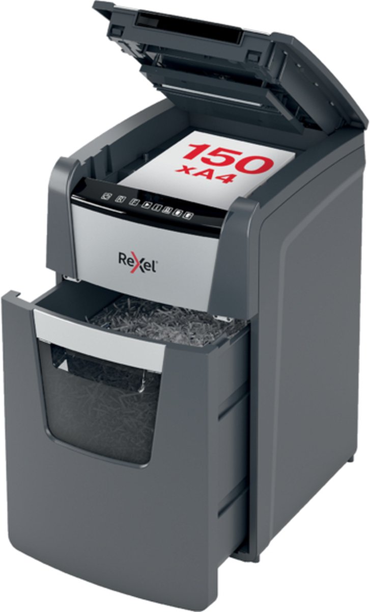 Rexel Optimum AutoFeed+ 150X Fluisterstille Papierversnipperaar - P4 Snippers - Automatische Invoer Tot 150 Vel - 44L - Zwart thumbnail 3