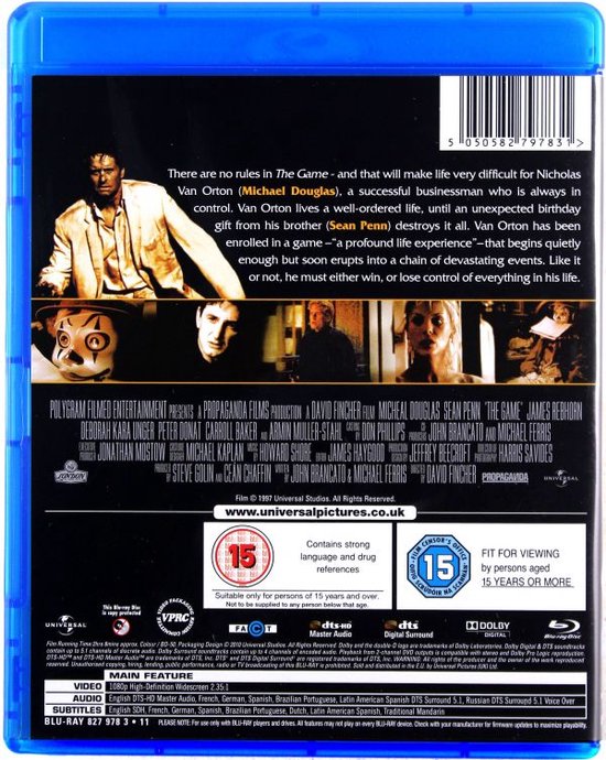 Achterkant van de Blu-ray hoes van The Game met Michael Douglas en Sean Penn. Toont een man in een wit pak, een clownmasker en informatie over de film en de disc.