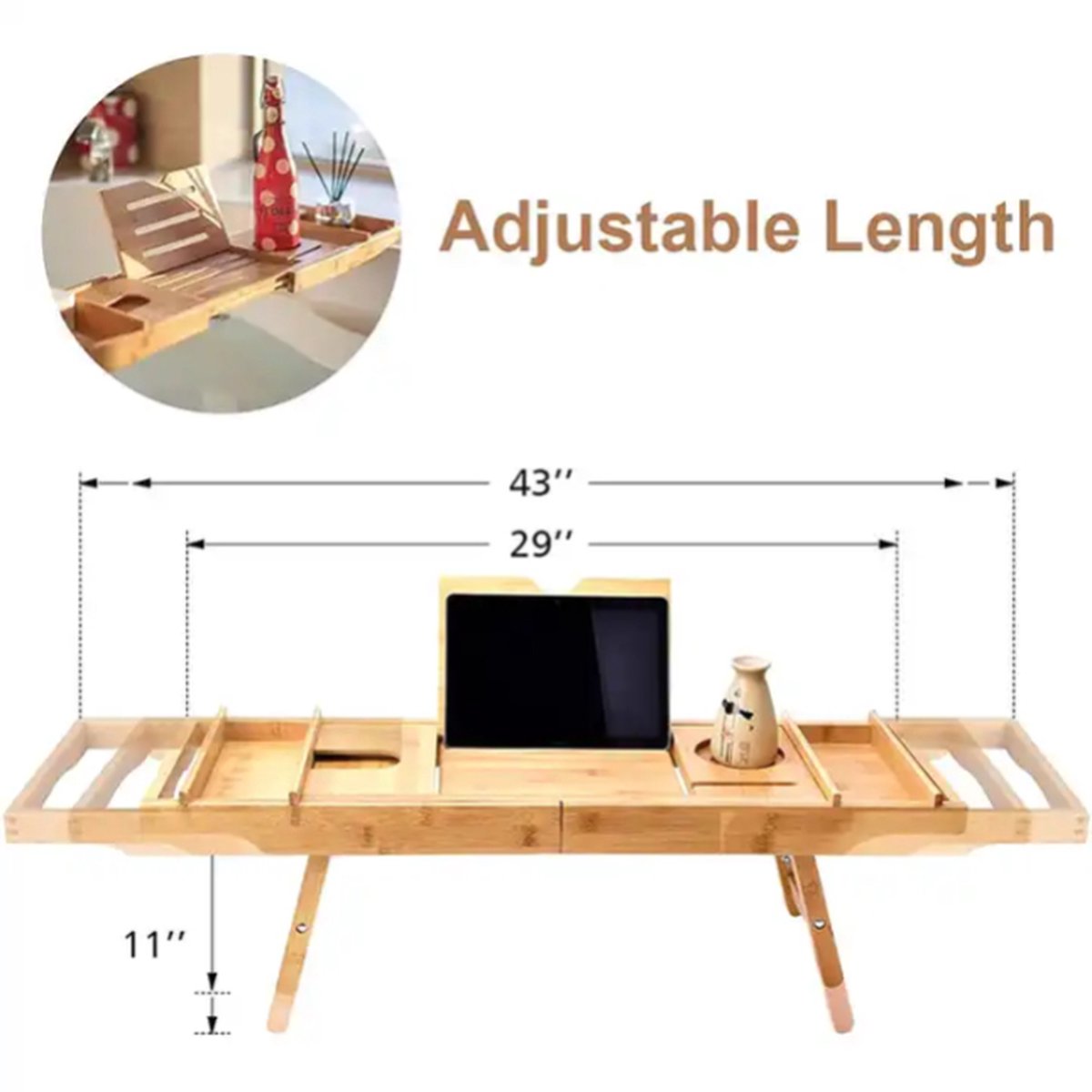 Badplank- Hout- Wijntafel- Badtafel- Verstelbaar en inklapbaar- 109*23cm- Bamboe- Boekenhouder- Tablet houder-Bad plank- Badplank voor in bad- Boekensteun- Tablethouder — cadeau in Wonen & Interieur - foto 3