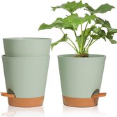 Kunststof bloempot met bewateringssysteem, set van 3 zelfbewaterende potten met onderzetter, ronde plantenpot voor binnen en balkon, tuin, planten, vetplanten, cactus, groen