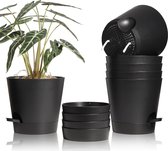 Kunststof bloempot met bewateringssysteem, set van 6 zelfbewaterende potten met onderzetter, ronde plantenpot voor binnen en balkon, tuin, planten, vetplanten, cactus, zwart