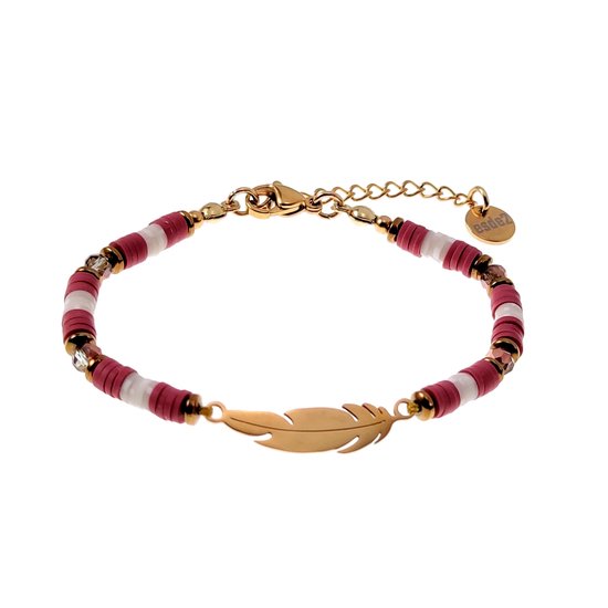 Bracelet en Argile Polymère Femme - Bracelet Rose Cendré- Wit Cassé avec Pendentif Plume - Acier Inoxydable Plaqué Or - Ajustable - Handgemaakt