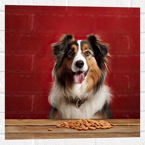 Muursticker - Dier - Hond - Eten - Brokken - Bakje - 50x50 cm Foto op Muursticker