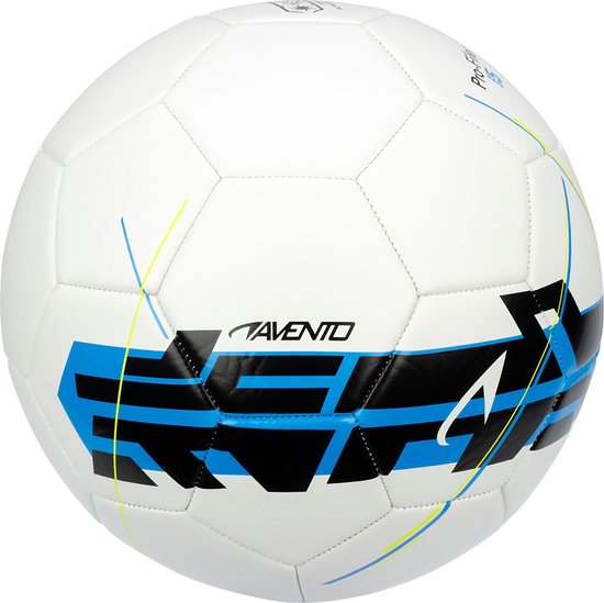 Wit voetbal met zwarte en blauwe lijnen en het Avento logo.