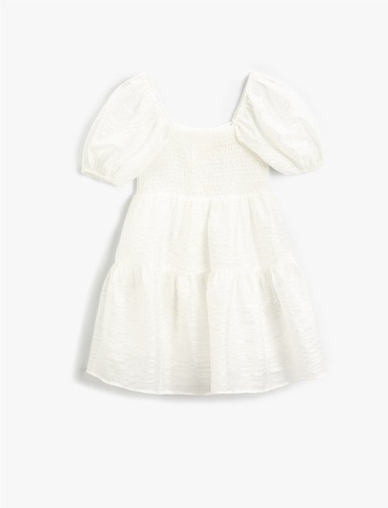 Koton Standaard mouw Vierkante kraag Basis Lange witte jurk met ballonmouwen en vierkante kraag, geplooide elastische ruches