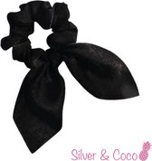 SilverAndCoco® - Scrunchie Wokkel met Strik Elastiek Haarband Festival Scrunchies / Brede Haarstrik Haarelastieken met Lint Dames / Elastische Zwarte Haarbanden - Zwart