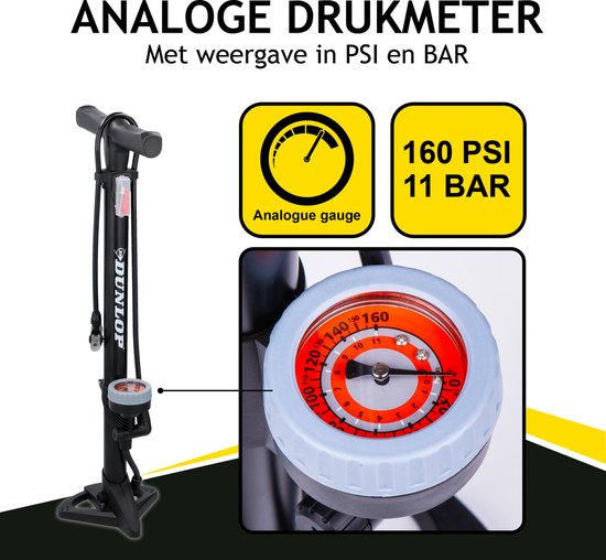 Dunlop Staande Fietspomp Pro uitvoering - Analoge Drukmeter - Dubbele Ventielkop - Zwart - Dunlop