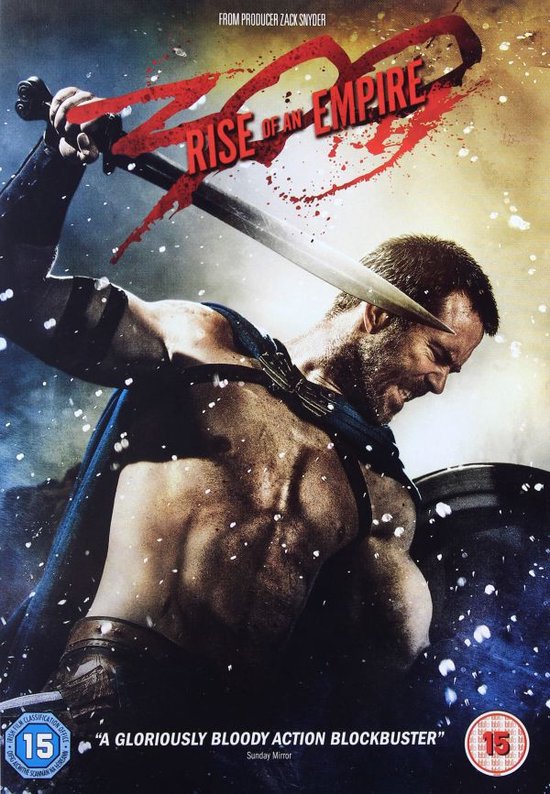 Filmcover '300: Rise of an Empire' met Spartaanse krijger met zwaard, met bloedspatten.