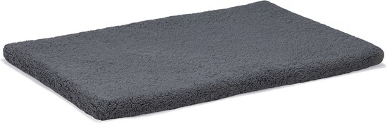 Donkergrijs, orthopedisch benchkussen voor honden met een schapenvacht textuur. Afmetingen 109x69x5 cm.