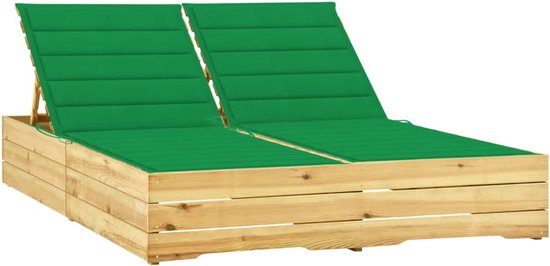 The Living Store Houten Loungebed - 2-persoons Tuinbed - Groen Kussen - Grenenhout - 198 x 135 x (30-75) cm