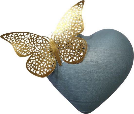 LBM urn hart medium met vlinder - blauw - 1,4 L - duurzaam kunststof