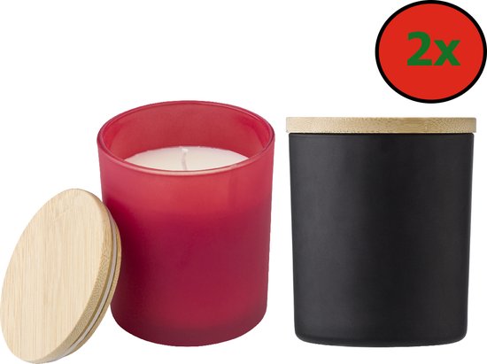 Set van 2 Geurkaarsen in herbruikbaar glas met Bamboe deksel Rood ( Kaneel aroma) & Zwart ( Sandelhout )