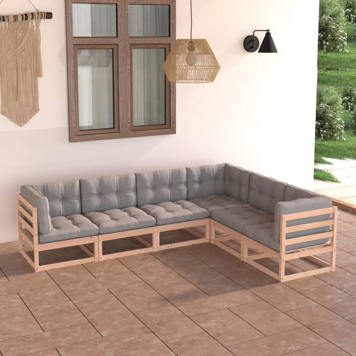 The Living Store 6-delige Loungeset met kussens massief grenenhout - Loungeset - Tuinset - Houten Lounge - Tuinlounge - Buitentijnen