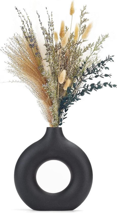 Vaas voor pampasgras en gedroogde bloemen, keramische donutvaas, ronde vorm, moderne vaas als decoratie voor woonkamer, kantoor, mat zwart
