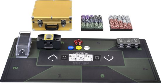 Texas' Finest Golden Pokerset - Inclusief Kaartschudmachine & Pokermat - 600 Chips - Blackjack - Casino Speelkaarten - Poker- Cadeau voor Man