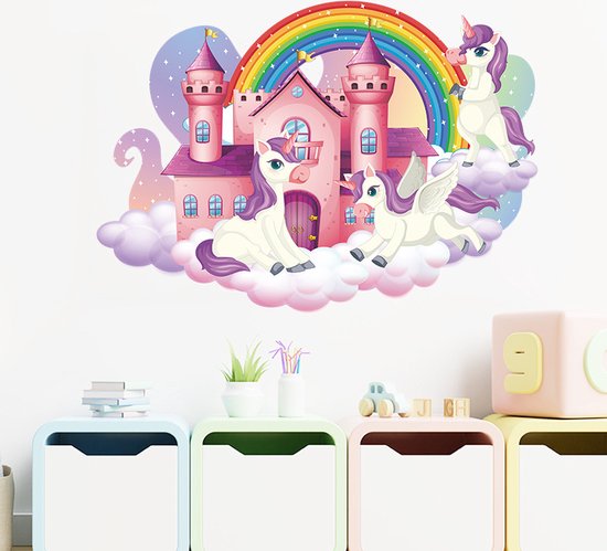Muursticker Unicorns Paars Rose Kasteel | Regenboog | Muur Sticker| Regenboog wolken | Kinderkamer | Jongens - meisjes | Zelfklevend plakfolie | Huis inrichting | Stickerkamer®