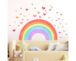 Muursticker Regenboog met hartjes | Aquarel Muur Sticker| Raamsticker - waterverf | Kinderkamer | Jongens - meisjes | Verwijderbaar - zelfklevend plakfolie | Huis inrichting | Stickerkamer®