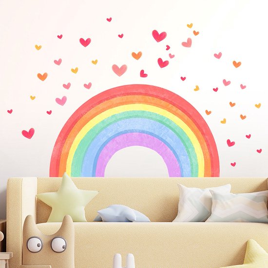 Muursticker -en-ciel avec des coeurs | Autocollant mural aquarelle| Autocollant de fenêtre - aquarelle | Chambre des enfants | Garçons - filles | Amovible - film adhésif autocollant | Décoration | Stickerkamer®