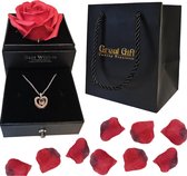 GreatGift Eeuwige bloem - Sieradendoos met Rode Roos - Goudkleurige Hartjes Ketting - 75 Rozenblaadjes - Romantisch Cadeau - Valentijn - Liefde - Cadeau voor vrouw